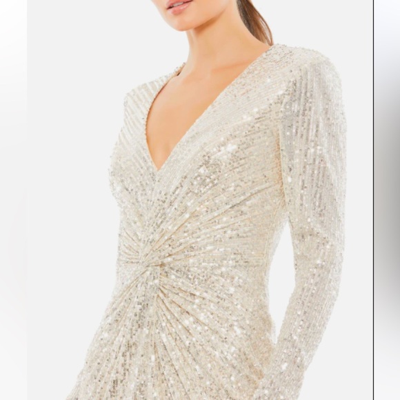 NWT MAC DUGGAL Sequined High Low Front Twist Midi Dress NUDE SILVER 26549 - Picture 4 of 4